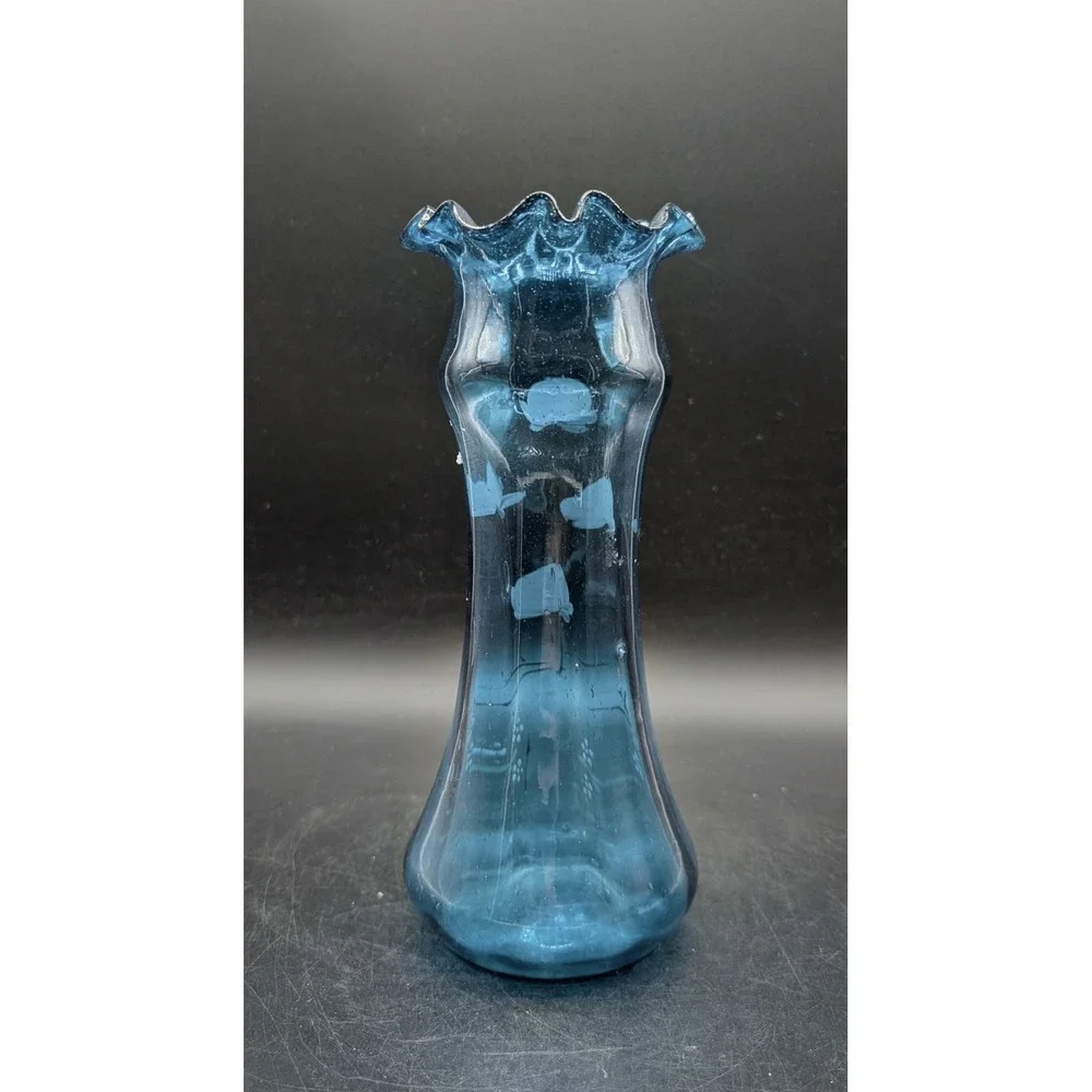 Vintage Blue Hand Blown Glass Ruffled Rim Vase Hand Painted Floral Gold Accents